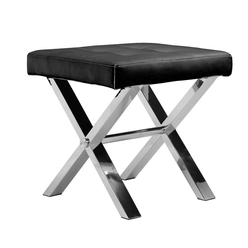 Tia 20 Inch Accent Stool Ottoman, Black Faux Leather, Polished Chrome Legs - Benzara