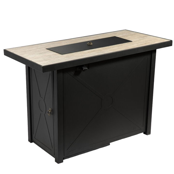 Teamson Home Outdoor Rectangular Propane Ceramic Gas Fire Pit with Steel Base, Black/Stone
