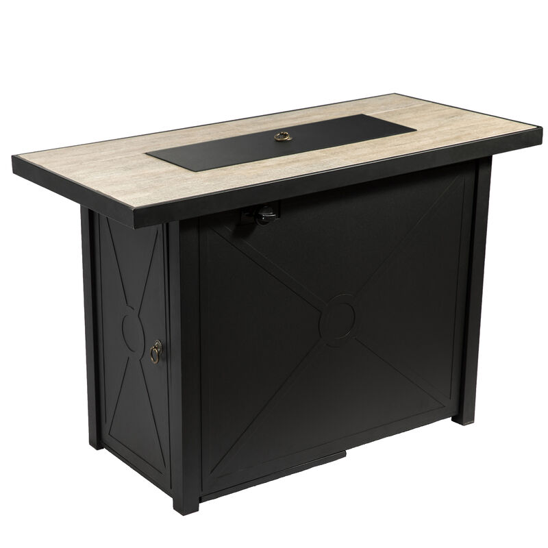 Teamson Home Outdoor Rectangular Propane Ceramic Gas Fire Pit with Steel Base, Black/Stone