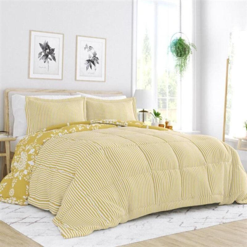 Hivvago King Size 3 Piece Yellow Reversible Daisy Medallion Stripped Comforter Set