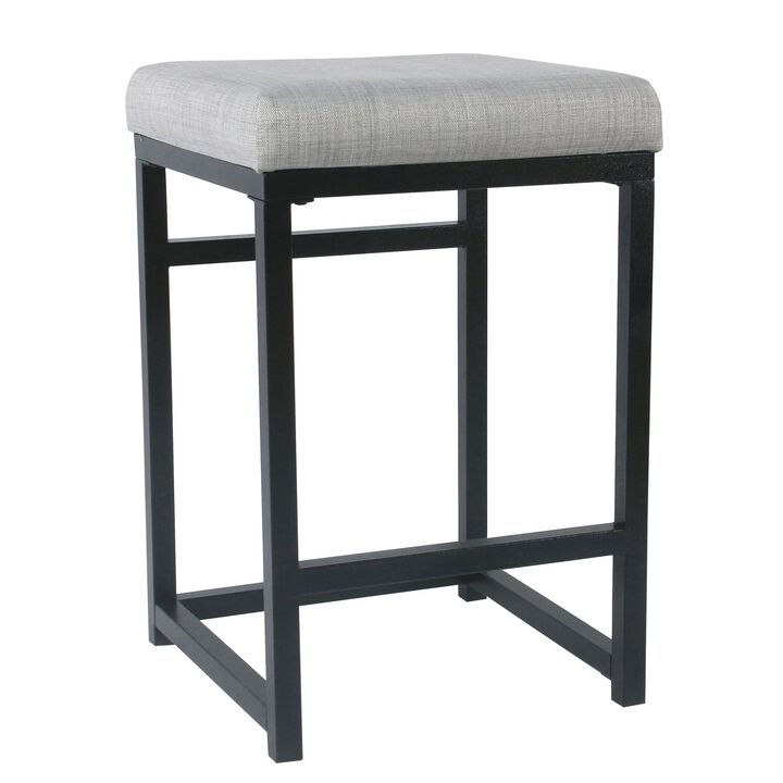 Open Back Metal Counter Stool with Fabric Upholstered Padded Seat, Gray and Black - Benzara