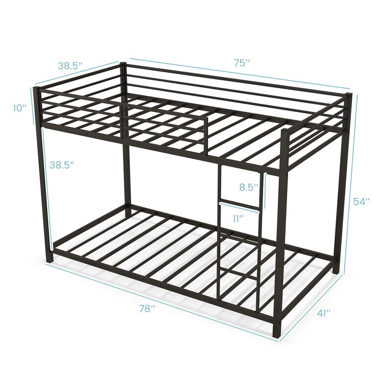 Low Profile Twin Over Twin Metal Bunk Bed with Full-length Guardrails