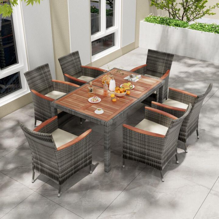 Hivvago 7 Pieces Patio Acacia Wood Cushioned PE Rattan Wicker Dining Set