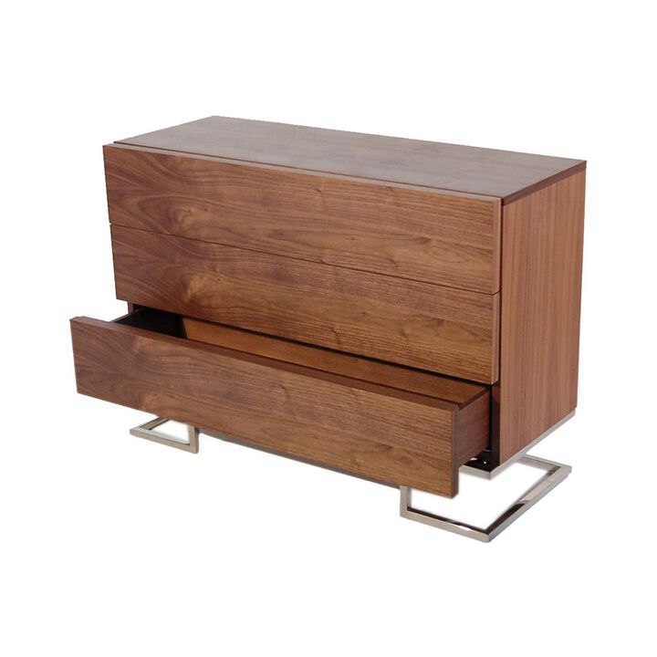 Sam 39 Inch Dresser, 3 Drawers, Sleek Chrome Steel Legs, Walnut Brown Wood - Benzara