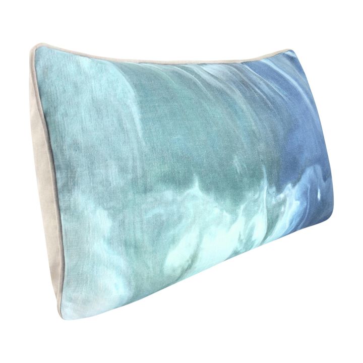 Lumbar Throw Pillow, Hand Painted Style Artwork, 16x36in Blue Cotton - Benzara