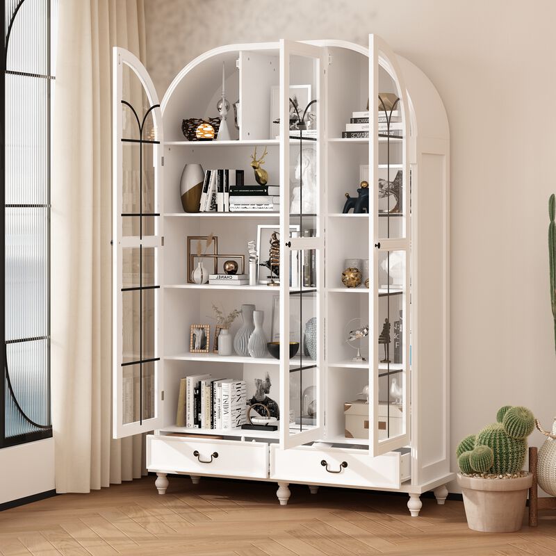 FUFU&GAGA Modern White Bookcase with Glass Doors, 2 Drawers & 8 Shelves, Elegant Storage for Living Room, Bedroom, or Office (77.2"H x 50.4"W x 15.7"D), White