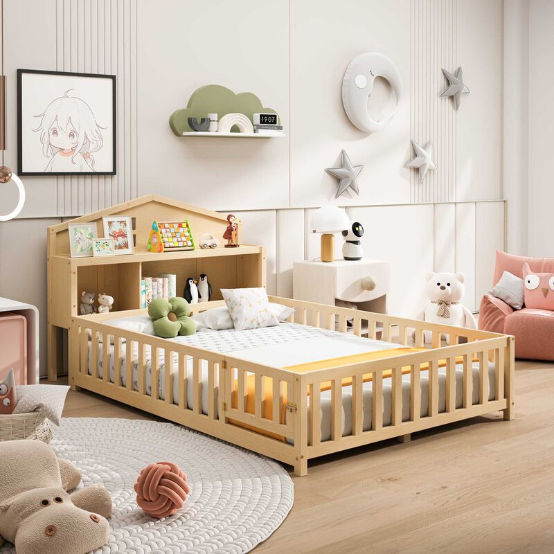 Full-size Montessori Floor Bed with Bookcases and Blackboards, Versatile Platform Beds with Guard rails, Solid Wood Floor Beds with Storage Headboards, Floor Beds for Kids and Teens