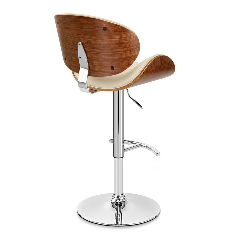 Naples Cream Faux Leather Adjustable Height Swivel Walnut Wood and Chrome Base Stool