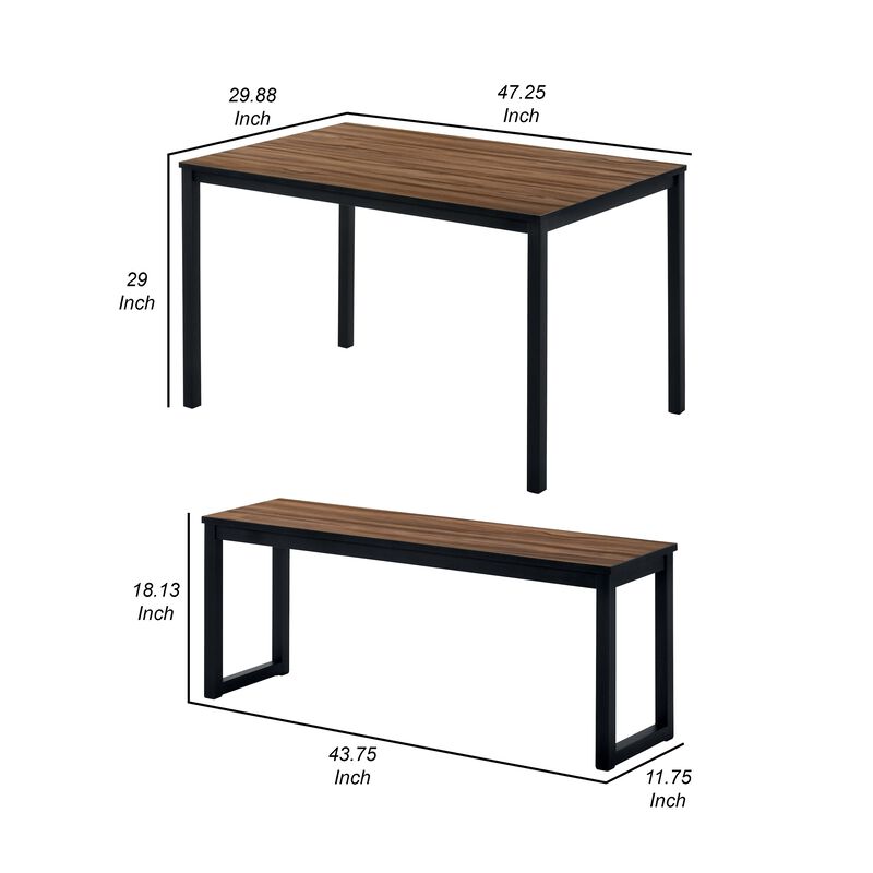 3 Piece Dining Table Set, 2 Benches, Brown Wood Grain Top, Black Metal - Benzara
