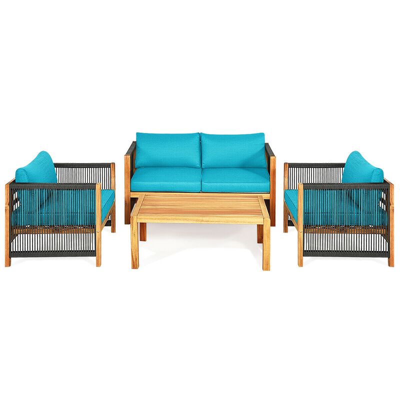4 Pieces Acacia Wood Sofa Set with Cushions for Outdoor Patio-Blue