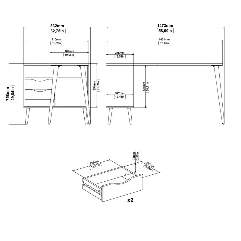 Tvilum Diana 2 Drawer, 3 Shelf Desk, Black Matte/Oak Structure