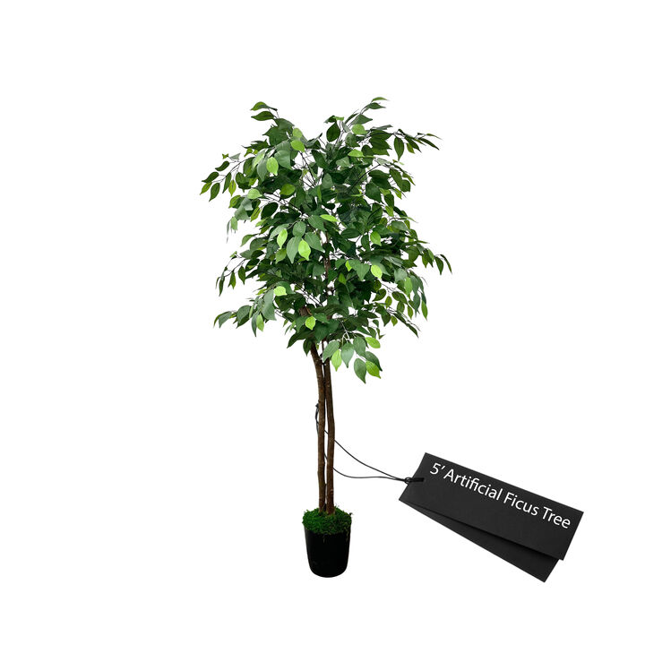 Handmade 5' Artificial 3-Tier Ficus Tree In Home Basics Plastic Pot Made with Real Wood and Moss Accents