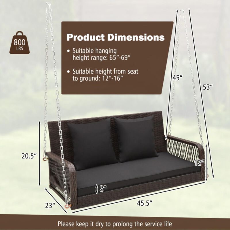 Hivvago 2-Person Outdoor Wicker Porch Swing with Seat and Back Cushions