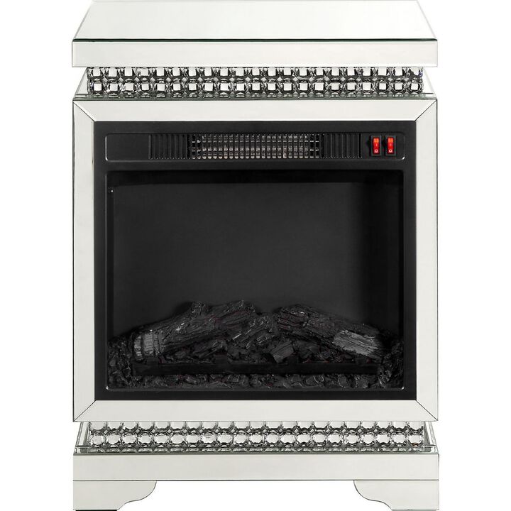 Electric Fireplace with Mirror Panel Framing and Faux Diamonds, Silver-Benzara