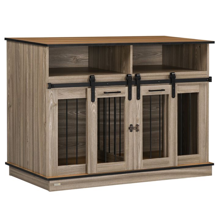 Oak Pet Furniture: 2-in-1 Dog Crate End Table with Sliding Doors