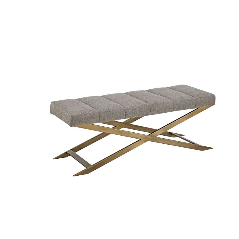 Cid Shia 47 Inch Accent Bench, Tufted Gray, X Shape Brushed Brass Legs - Benzara