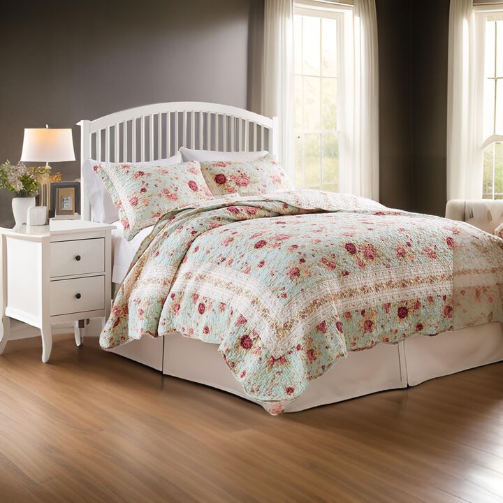Rosle 3pc King Size Bedspread Set, 2 Shams, Rose Print, Soft Blue Cotton