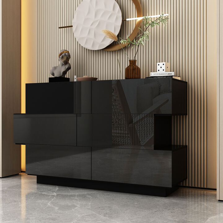 15.7 in. D x 30.7 in. H High Gloss Black Wood 6-Drawer 46.1 in. W Chest of Drawers Storage Cabinet Modern Style