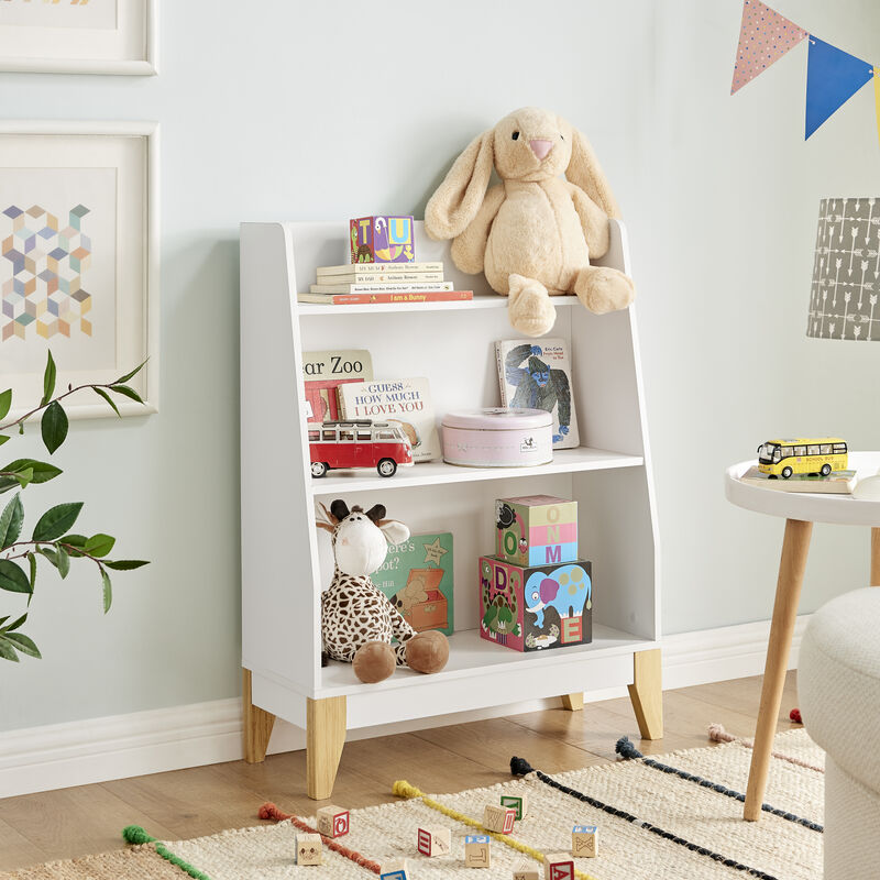 Steiner White 3-Tier Kids Book or Toy Figure Display Unit Freestanding Bookshelf with Contrasting Wood-Toned Legs