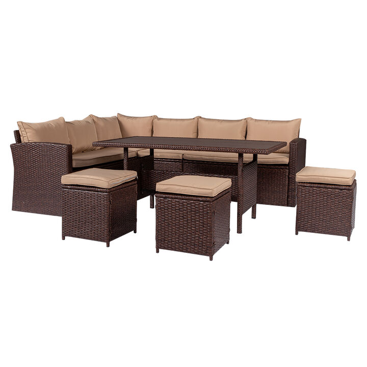 8-Piece Outdoor Rattan Dining Set, Wood Grain with Khaki Cushions