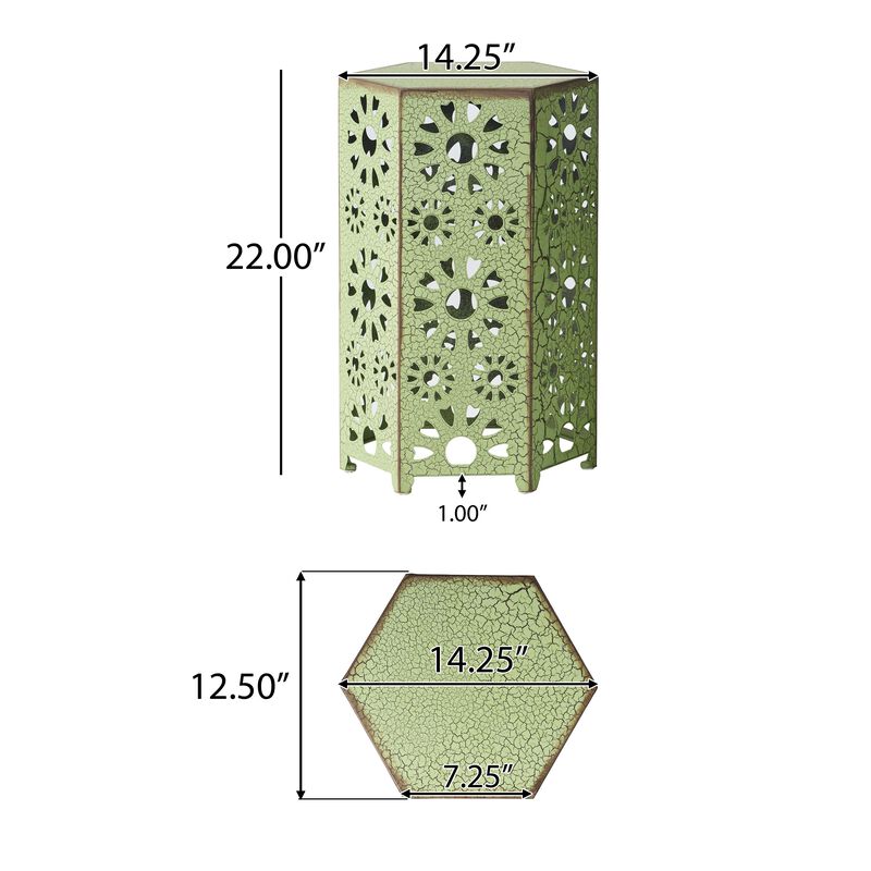 Liana Outdoor Side Table, Hexagonal 14 Inch, Sunburst Cut Out, Green - Benzara