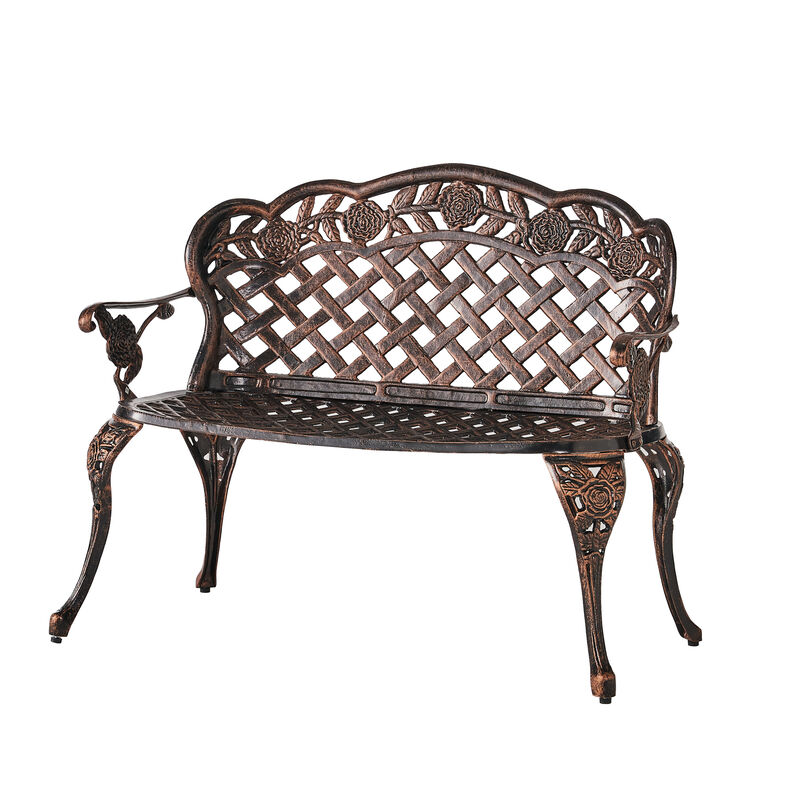 Ornate Cast Aluminum Garden Bench with Lattice and Rose Embellishments