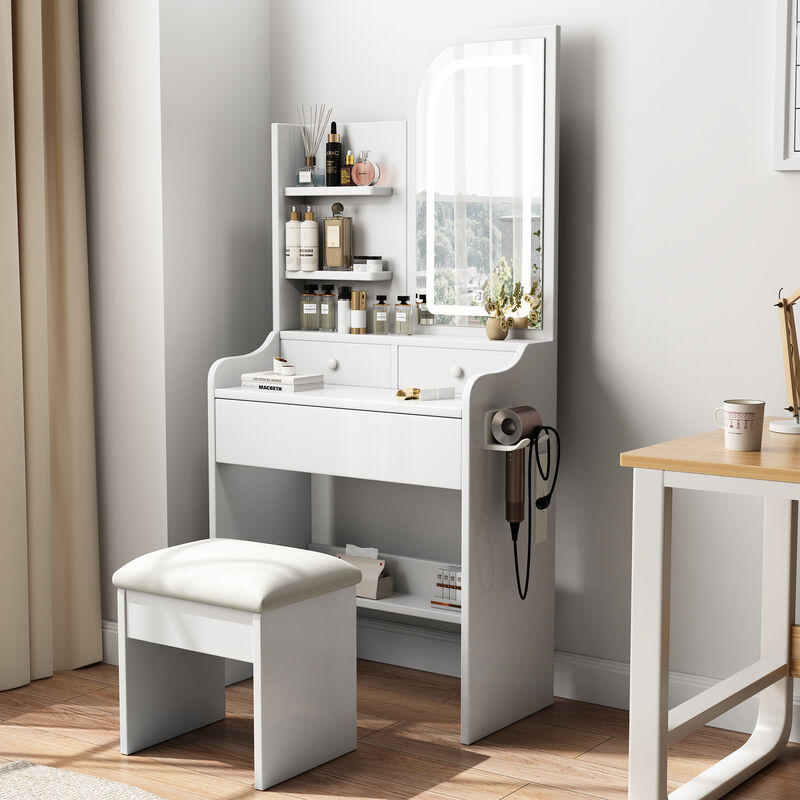 Vanity Desk with Lighted Mirror & Chair, 3 Drawers, Hair Dryer Holder & Adjustable LED Lights