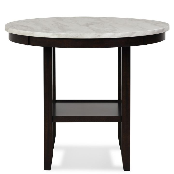 Kate 42 Inch Round Counter Table, Faux Marble Top, White, Espresso-Benzara