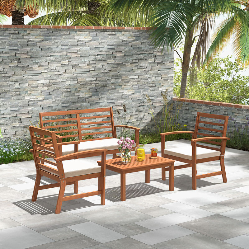 4 Pieces Outdoor Furniture Set with Stable Acacia Wood Frame