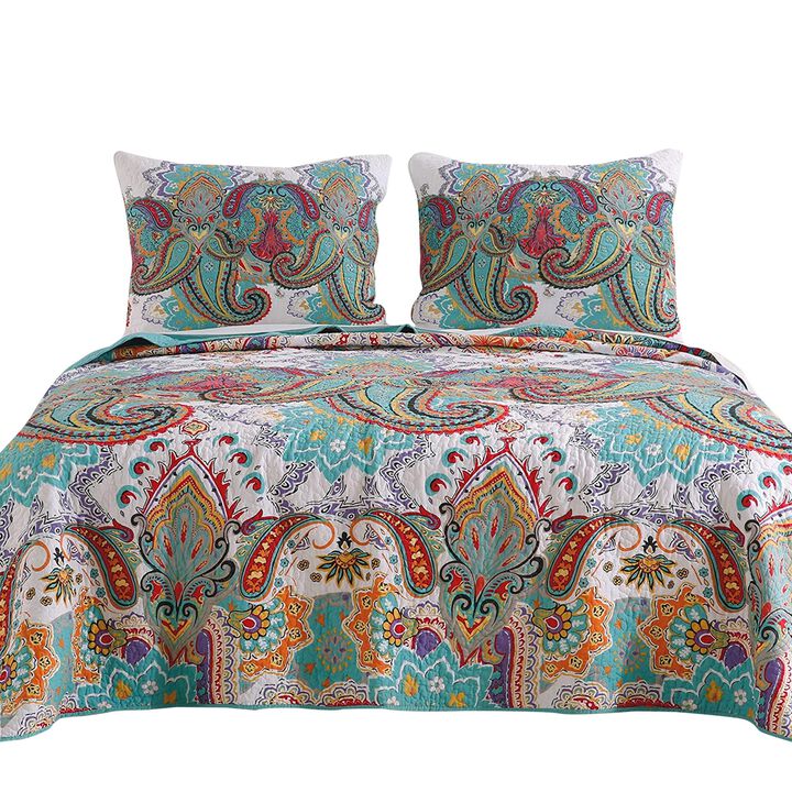 3 Piece Queen Size Cotton Quilt Set with Paisley Print, Teal Blue - Benzara
