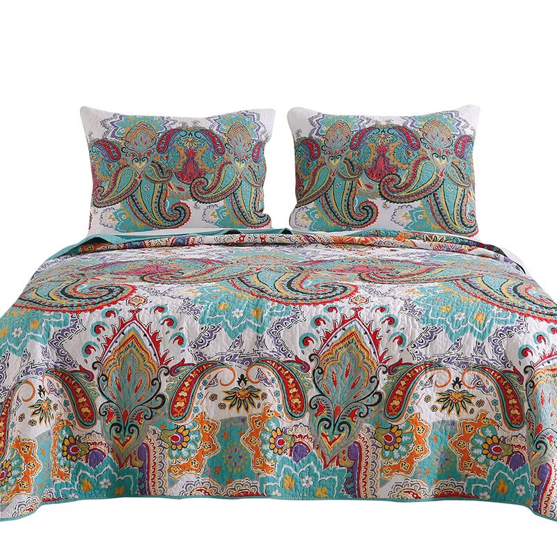 3 Piece Queen Size Cotton Quilt Set with Paisley Print, Teal Blue - Benzara