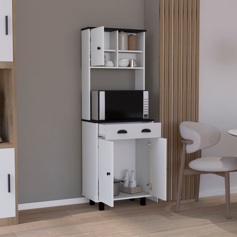 DEPOT E-SHOP Kitchen Pantry 67" H, Two Cabinets, Three Doors, Two Open Shelves, One Drawer, Microwave Storage Option, White/Black