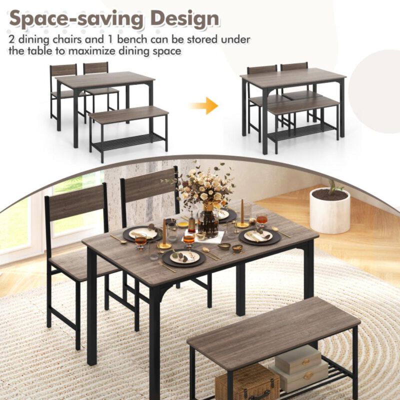 Hivvago 4 Pieces Rustic Dining Table Set with 2 Chairs and Bench