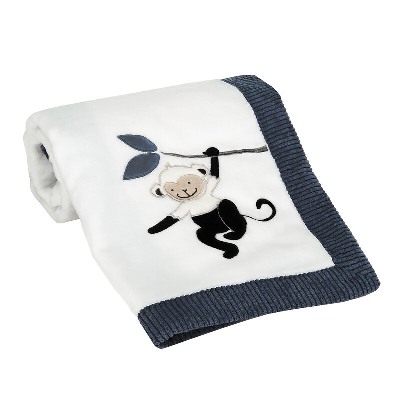 Lambs & Ivy Jungle Party White/Navy Monkey Soft Fleece Baby Blanket