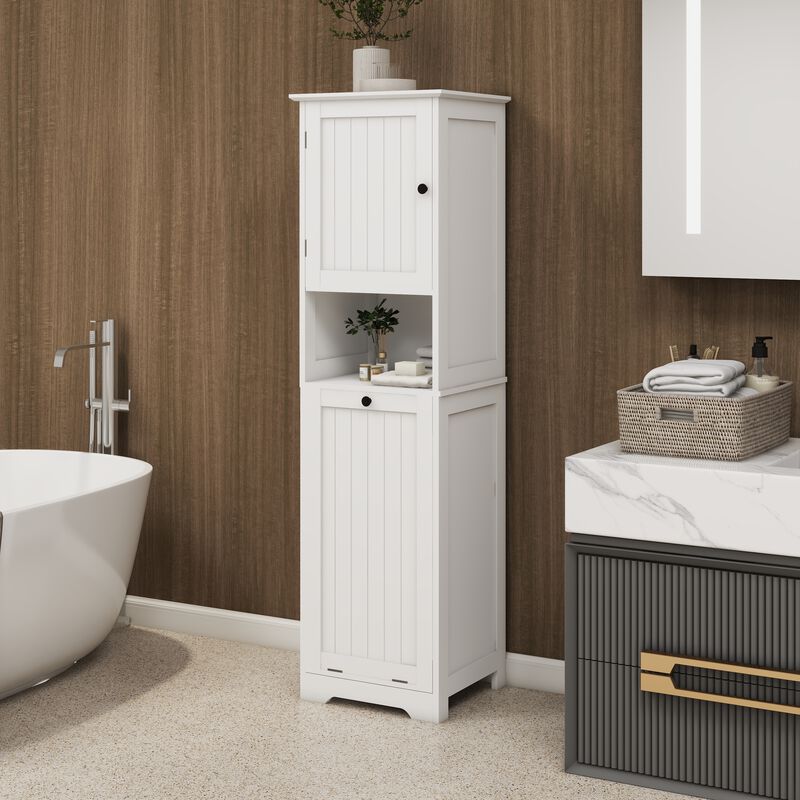 15.75 in. W. x 13.78 in. D x 55.12 in. H White Freestanding Tilt-Out Linen Cabinet