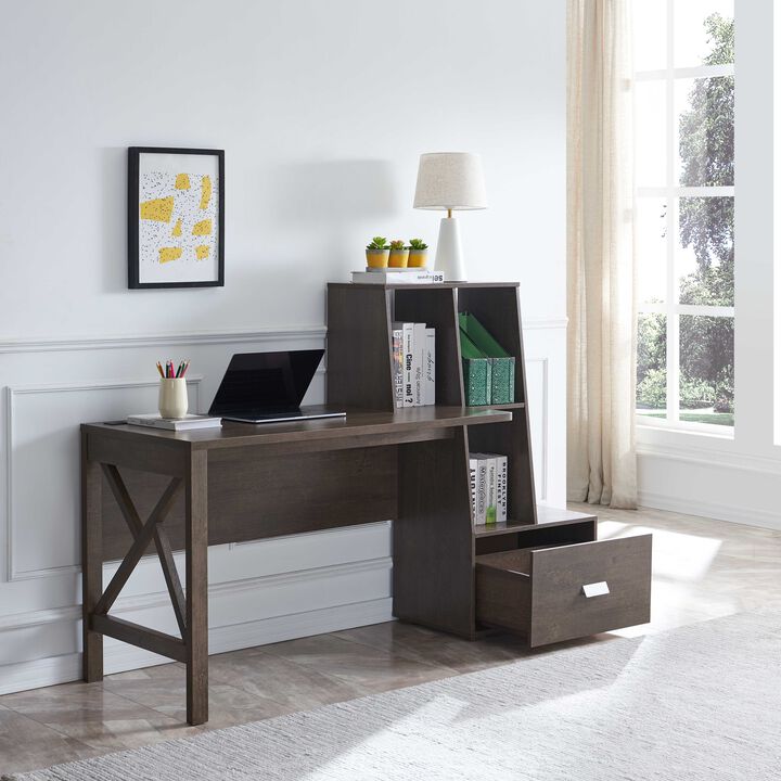 Walnut Oak Home Office Desk with 2 Shelves & File Cabunet