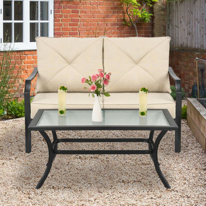 2-Piece Patio Outdoor Cushioned Sofa Bench with Coffee Table for Garden and Backyard Relaxation