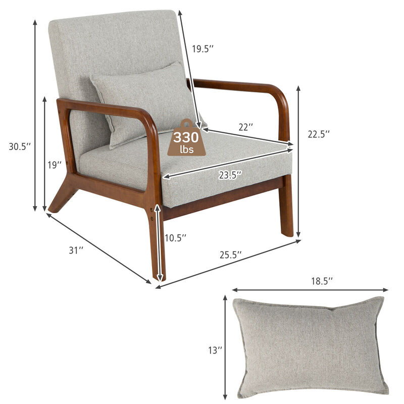 Modern Accent Chair with Rubber Wood Frame and Lumbar Pillow-Grey
