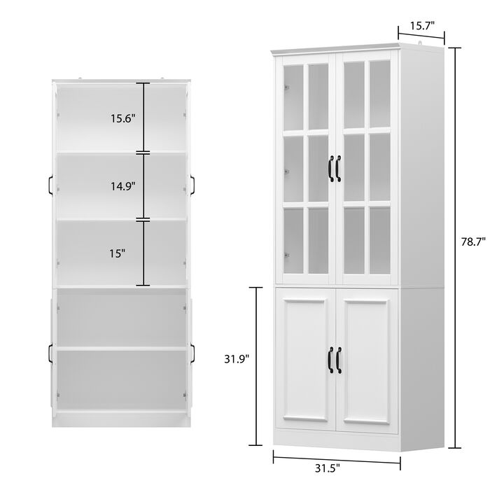 White Wooden MDF ( 31.5 in. W) Sideboard, Accent Storage Cabinet, Food Pantry with 4 Tempered Glass Doors and 5 Shelves