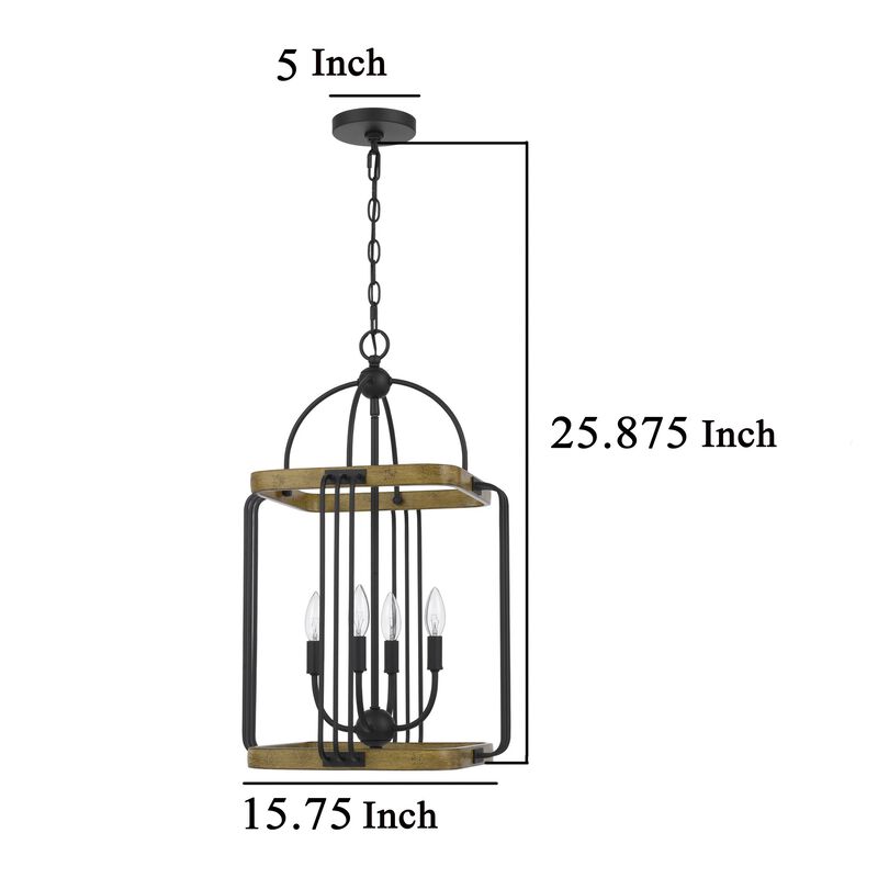 Rio 16 Inch Chandelier w Upturned Lights and Canopy, Wood, Black Metal - Benzara
