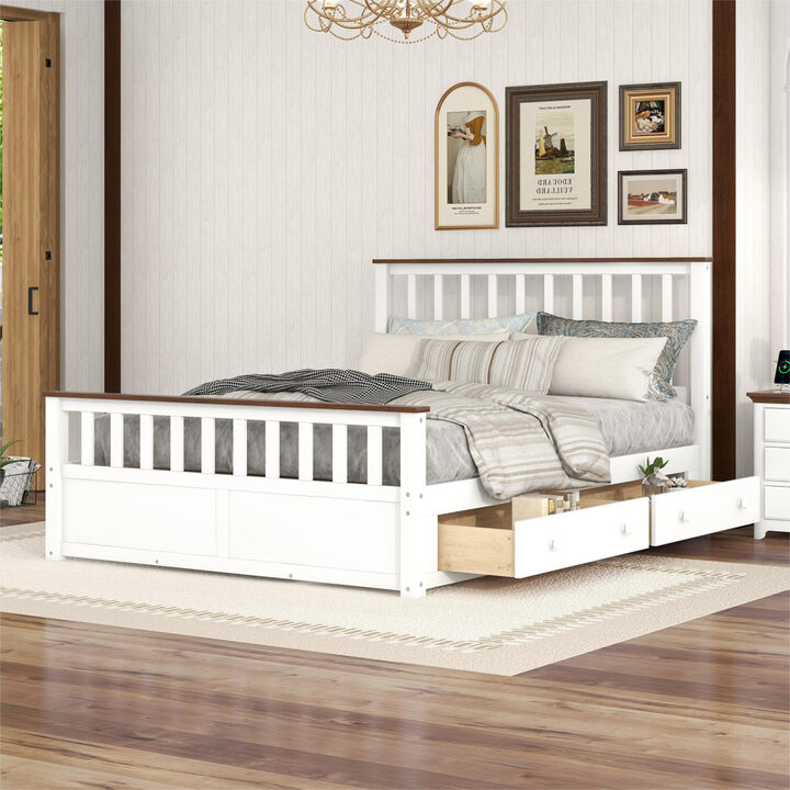 Queen Size Wood Platform Bed With Two Drawers And Wooden Slat Support