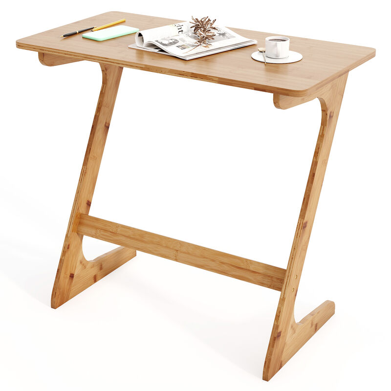 Wicker Z-Shaped Spacious Sofa Side Table with Space-Saving Tabletop