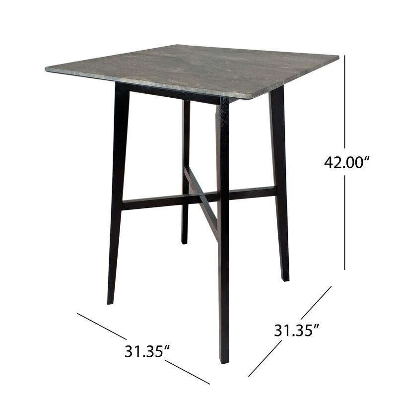 Bar Height Table, Laminate Paladina Marble Top, 42 Inch, Rubberwood, Black - Benzara
