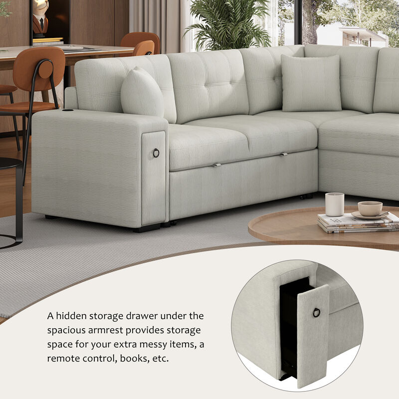 86.6" Sectional Sofa L-shaped Sofa Couch Pull-out Sofa Bed with a Movable Ottoman, Two USB Ports  and Two Cup Holders for Living Room, Beige