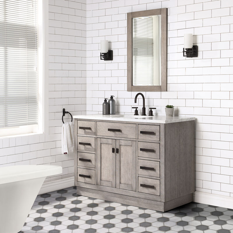 Chestnut 48 In. Single Sink Carrara White Marble Countertop Bath Vanity In Grey Oak with Oil Rubbed Bronze Hardware