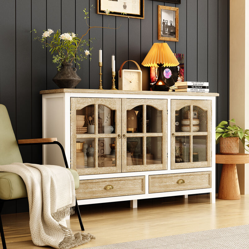 FUFU&GAGA Modern White 3-Door 2-Drawer Sideboard – Elegant & Spacious Dining Room Buffet Cabinet with Metal Handles (55.1" W x 35.4" H x 15.7" D), Brown