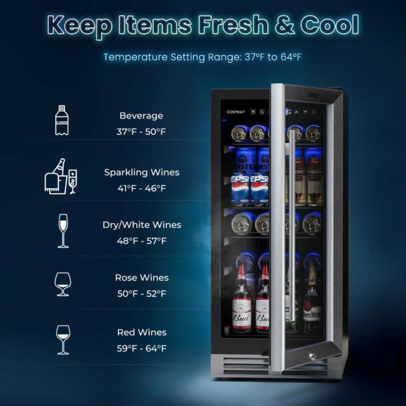 Costway 15 Inch 100 Can Built-in Freestanding Beverage Cooler Refrigerator with Adjustable Temperature and Shelf
