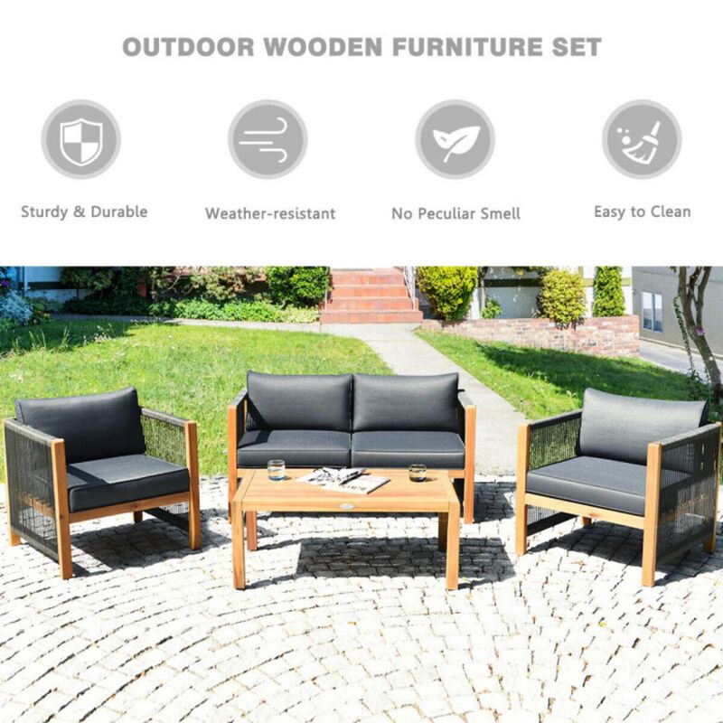 Hivvago 4 Pieces Acacia Wood Sofa Set with Cushions for Outdoor Patio
