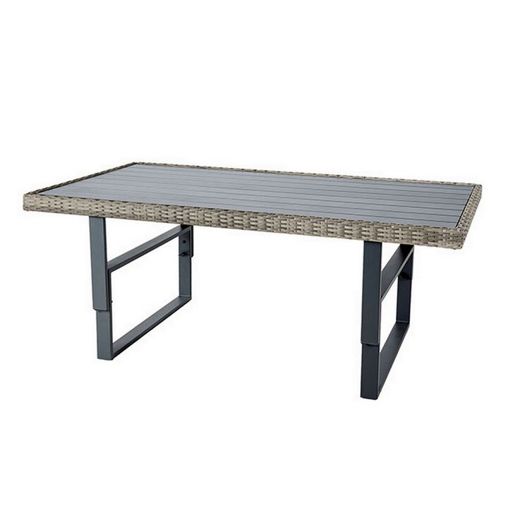 Foca 63 Inch Outdoor Rectangular Dining Table, Adjustable Height, Wicker  - Benzara