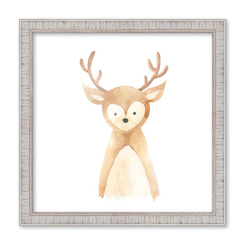10x10 Framed Nursery Wall Art Watercolor Deer Poster in Rustic White Wood Frame For Kid Bedroom or Playroom